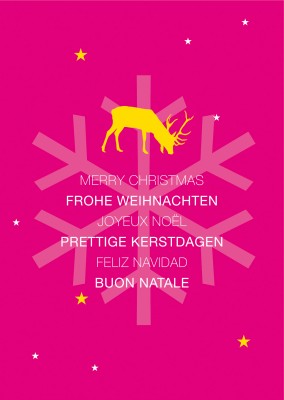 Xmas various languages with reindeer pink