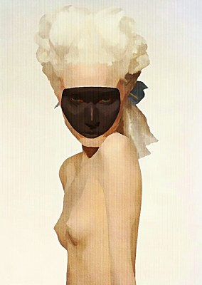 Kubistika topless woman with black mask and Roccoco haurstyle