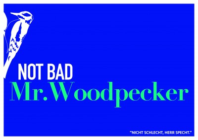 Lustiger Denglisch Spruch not bad Mr. Woodpecker auf blauem Hintergrundâ€“mypostcard