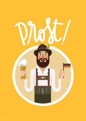 Prost! Homem com vestuário tradicional Oktoberfest e cerveja.