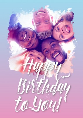 happy birthday white lettering on pink blue blurry background