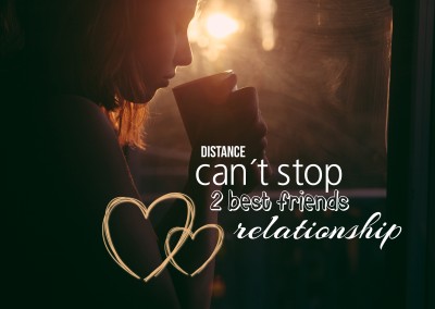 Photo of a girl who is drinking out a cup with the qoute: distance can`t stop 2 best friends relationship