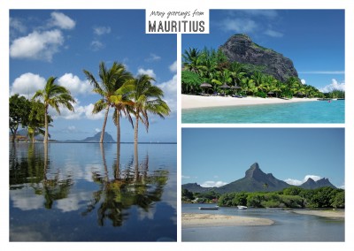 Three photos of Mauritius – ocean, palms, tropical beach 