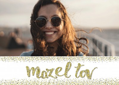 Personalizable congratulation postcard with Mazel tov logo and golden glitter