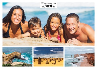 Personalizable greeting card from Australia with three photos of Perth, Port Douglas and another beach