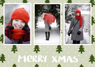 Personalizable christmas card with space for three pictures of your choice and christmastree pattern