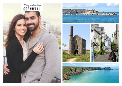 Personalizable greeting card from Cornwall with differents attractions at the sea