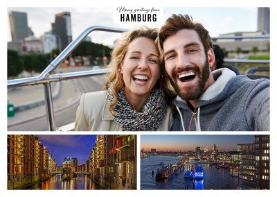 Personalizable greeting card from Hamburg with photos of the city by night