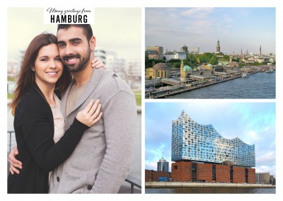 Personalizable greeting card from Hamburg with photos of the harbour and the skyline