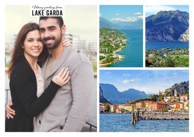 Personalizable greeting card from the Lake Garda with photos of the see, mountains and boats