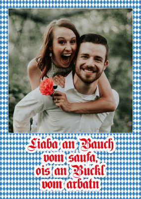 Personalizable Oktoberfest postcard with a blue checkered backround and red text