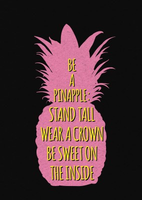 pink silhouette of a pineapple on black ground with neon yellow lettering