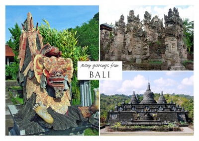 triple fotocollage of bali with beach and traditional sculpture