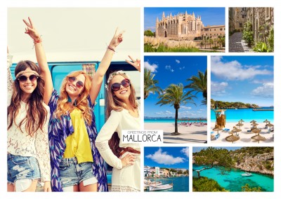 photocollage of Mallorca showing cathedral in palma, bays and beaches