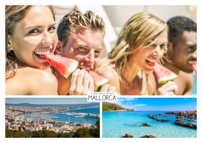 panoramic photocollage of Mallorca showing city and beach
