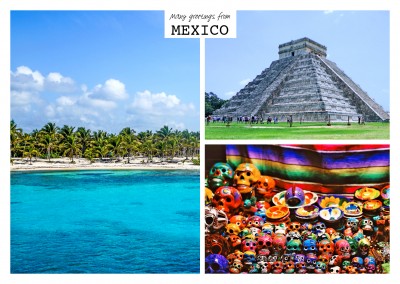 triple photocollage of mexico with day of the dead masks and inka pyramid