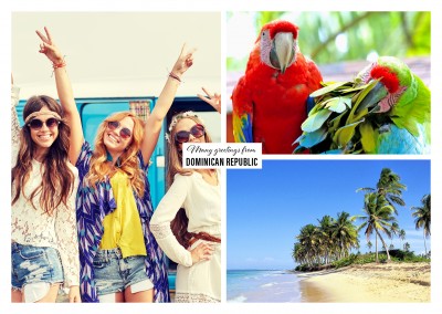 photocollage of dominican republic whowing parrots and beach