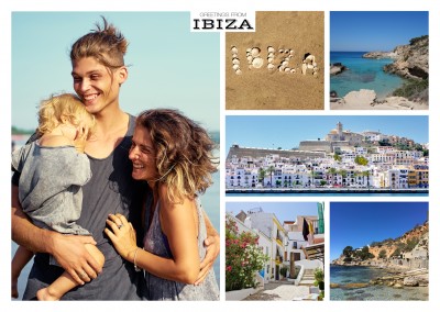 multipicture photocollage of Ibiza including typical house and beach