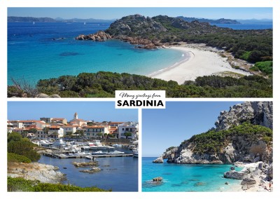 triple photocollage of Sardinia showing beach and rocky landscape