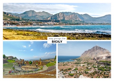 three photos from sicily withe ocean port boats and beach
