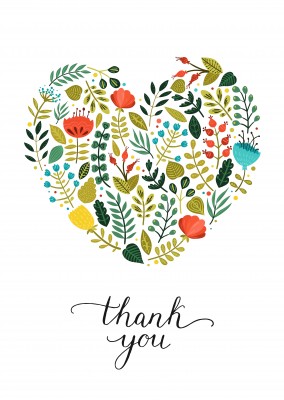 Thank you postcard with heart out of flowers