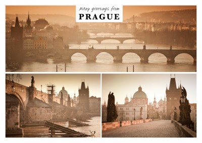 Fotocollage Prag mit seinen Brücken im Morgengrauen