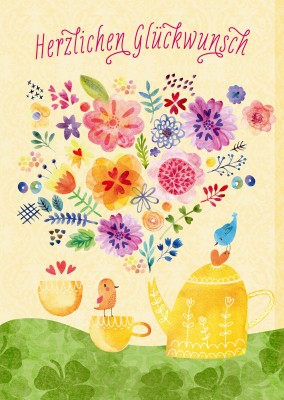 Illustrierte Glückwünschkarte zum Geburtstag mit vielen Blumen 