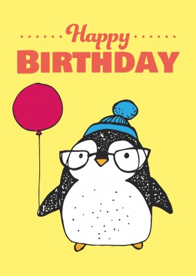 Geburtstagspostkarte mit süßem Pinguin mit Ballon