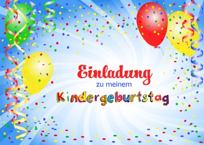 einladung zum kindergeburstag mit bunten luftballons und konfetti auf blauem hintergrund