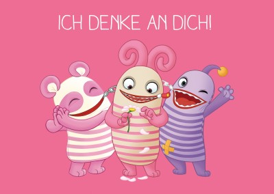 sorgenfresser-drei charaktere mit blume auf rosa hintergrund