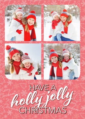 Personalisierbare Weihnachtskarte für vier Bilder mit weihnachtlichem Muster wünscht Have a holly jolly Christmas