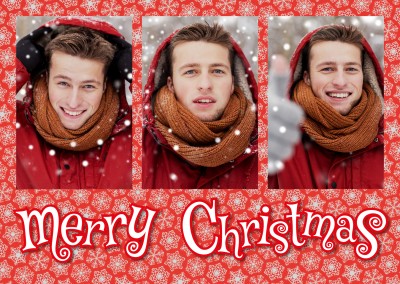 Personalisierbare Weihnachtskarte für drei Fotos auf Schneeflocken Muster