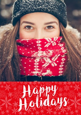 Personalisierbare Weihnachtskarte mit roten Schneeflocken wünscht Happy Holidays