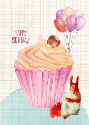 Happy Birthday Illustration mit Muffin und Eichhörnchen–mypostcard