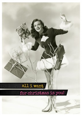 vintage photo woman with presents in dress quote all i want for christmas is you