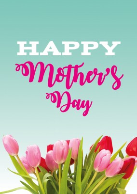 Happy mother's day graphic with pink flowers and turquoise background with with letteringтАУmypostcard