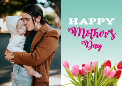 Happy mother's day graphic with pink flowers and turquoise background with with lettering–mypostcard