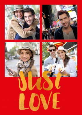 just love on golden lettering on red background colour