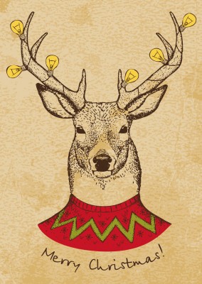 Rudolf das Rentier im Strickpullover mit Geweih und Lichterkette