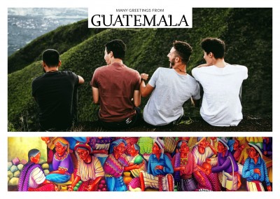 collage de fotos de la tarjeta de saludo de Guatemala pintura naïf