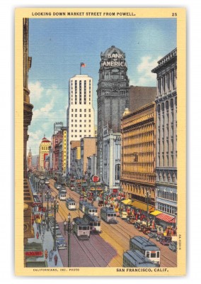 San Francisco, California, looking down Market Street from Powell