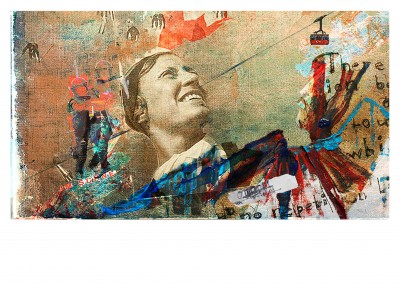 Collage by Belrost with woman, cable car and policemen