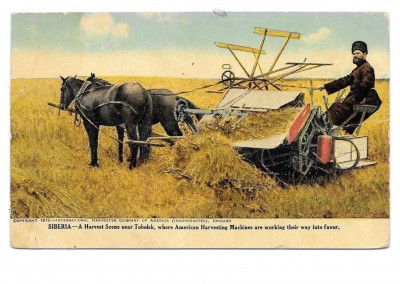 Maria L. Martin Ltda. – Americana Máquina de Colheita Agrícola, na Sibéria, Antigo cartão Postal