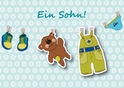Illustrationen (Kinderschuhe, ein Teddybär. eine Latzhose und eine Unterhose jeweils mit Wäscheklammern) auf blauem Hintergrund und dazu der Spruch Ein Sohn!