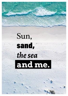 cartão postal de citação Sol, areia, mar e me