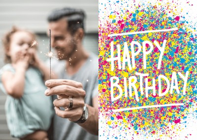 Happy Birthday greeting card with colourful splashes