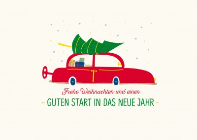 Spruch Weihnachten Postkarte mit rotem Auto und Tannenbaum Neujahr