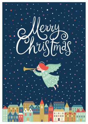Christkind mit Trompete Postkarte klassisch Schneeflocken Weihnachten Spruch