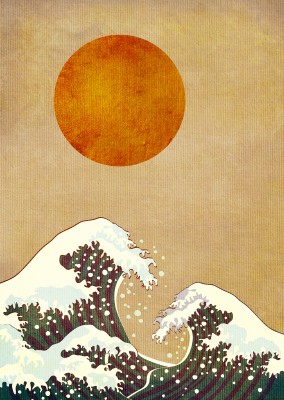 Kubistika Plagiat von Hokusais' Welle unter rotem Kreis