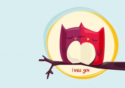 illustration sweet owls i miss you postcard 
